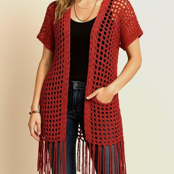 UMGEE RED CROCHET KNIT FRINGE CARDIGAN SZ M - Picture 7 of 7